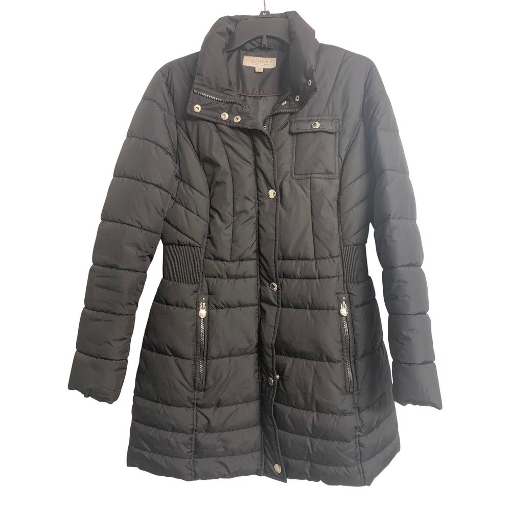 Laundry Shelli Segal Black Quilted Puffer Coat Smocked Waist Mid-Length M
